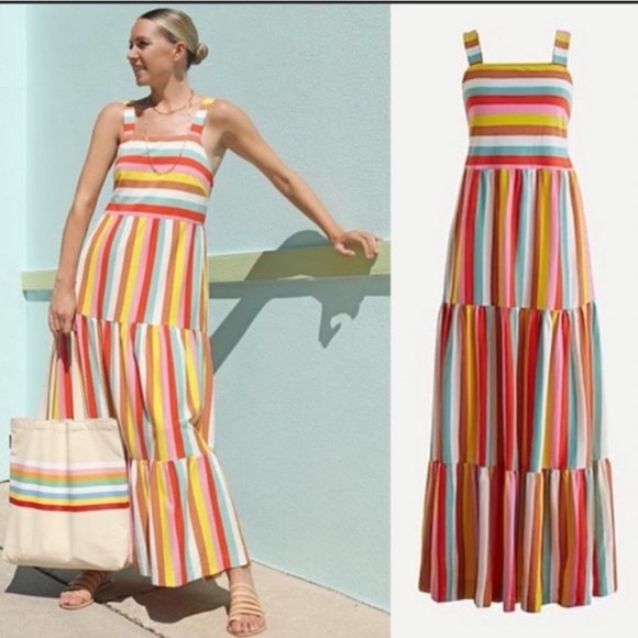 J. Crew Size Small Bright Rainbow Stripe Maxi Dress Womens Tiered 100% Cotton - Picture 2 of 15